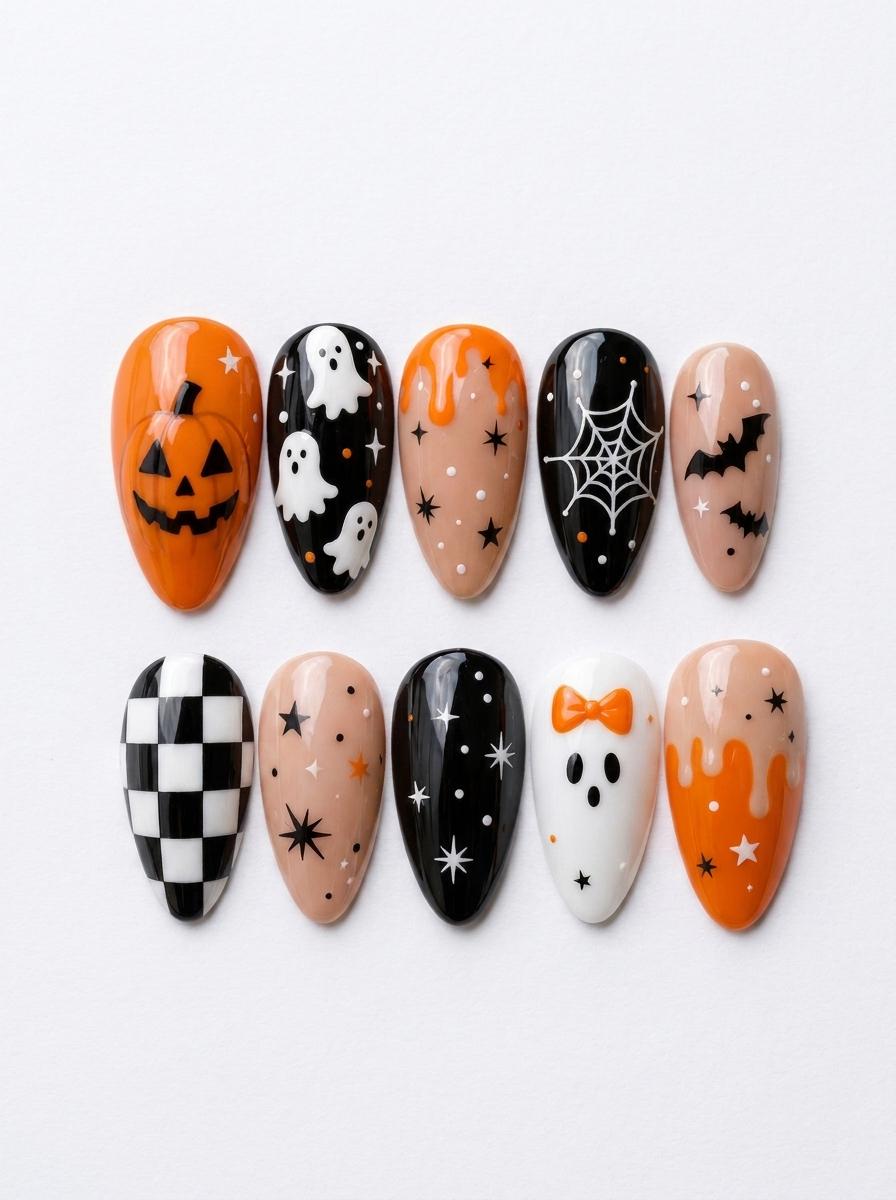 Cute Halloween Press On Nails With Ghosts, Pumpkins, Bats, and Checkerboard