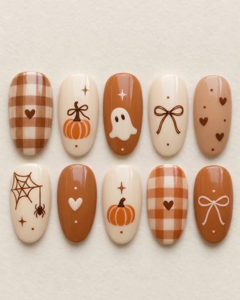 Cute Halloween Press-On Nails With Pumpkins, Ghost, Plaid, and Bows
