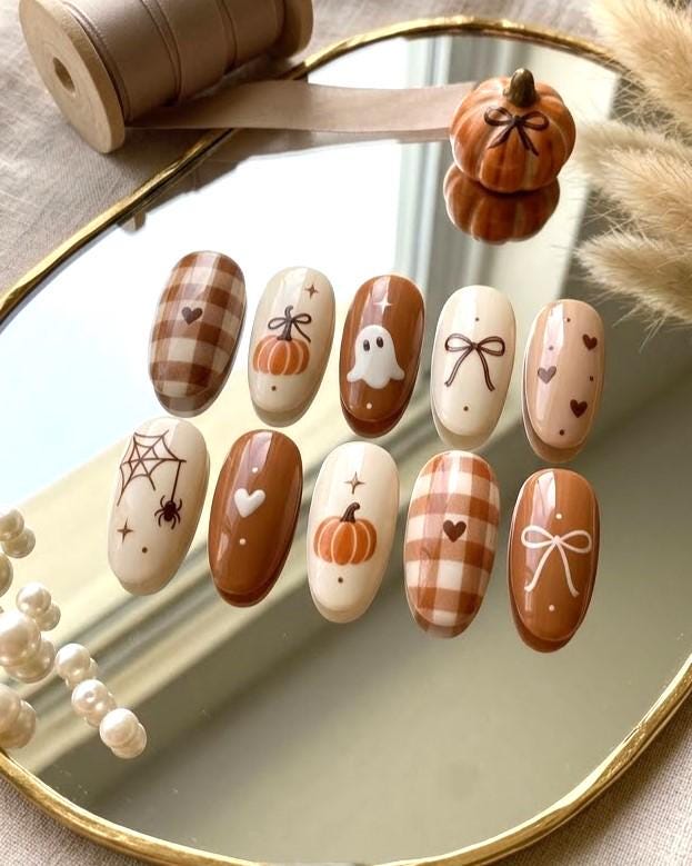 Cute Halloween Press-On Nails With Pumpkins, Ghost, Plaid, and Bows