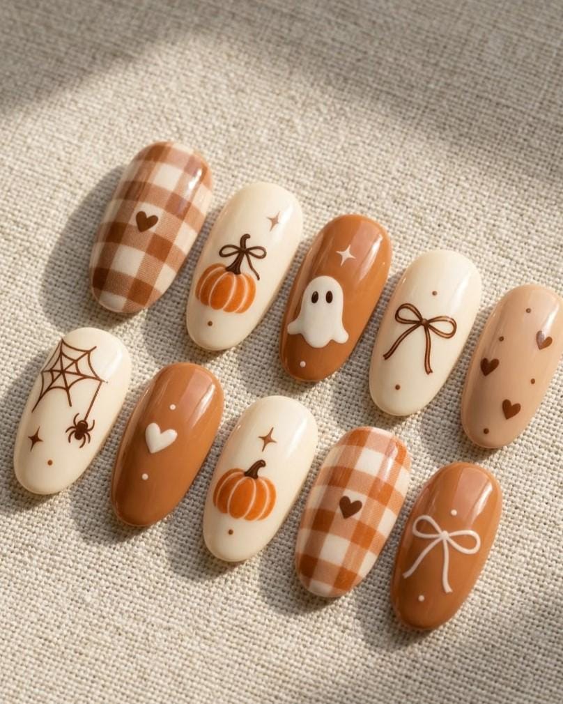 Cute Halloween Press-On Nails With Pumpkins, Ghost, Plaid, and Bows