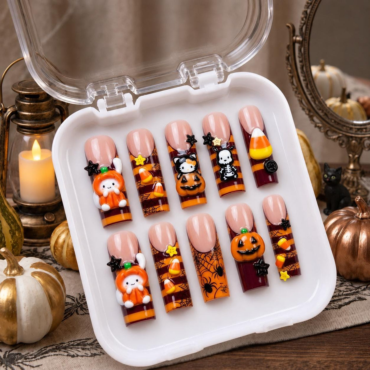 Cute Spooky Halloween Press On Nails with 3D Pumpkins, Bunnies, Candy Corn and Spiderwebs