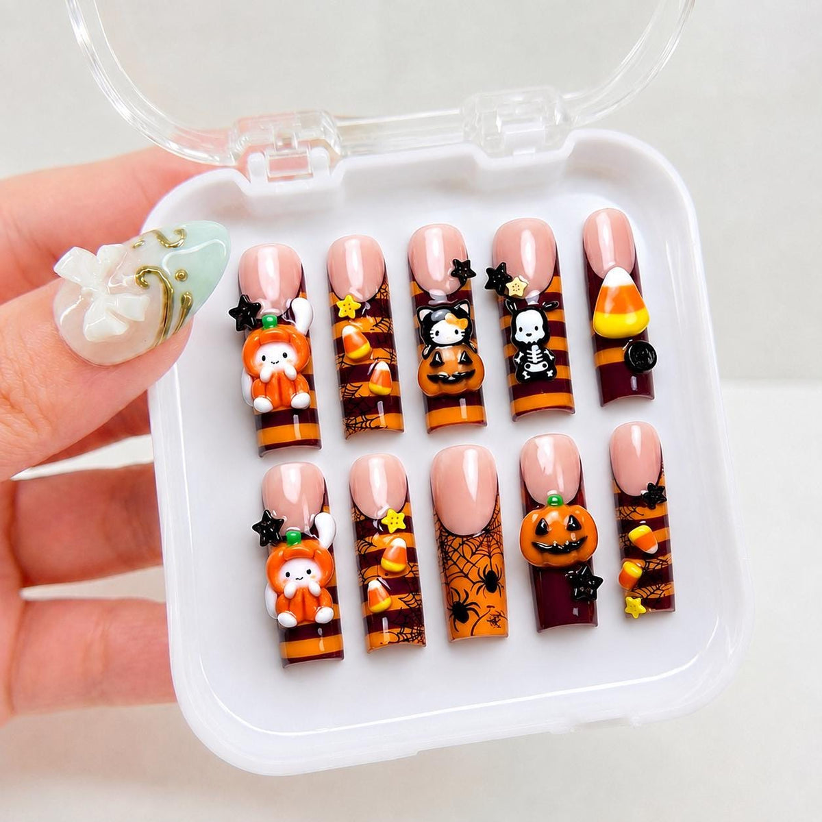 Cute Spooky Halloween Press On Nails with 3D Pumpkins, Bunnies, Candy Corn and Spiderwebs