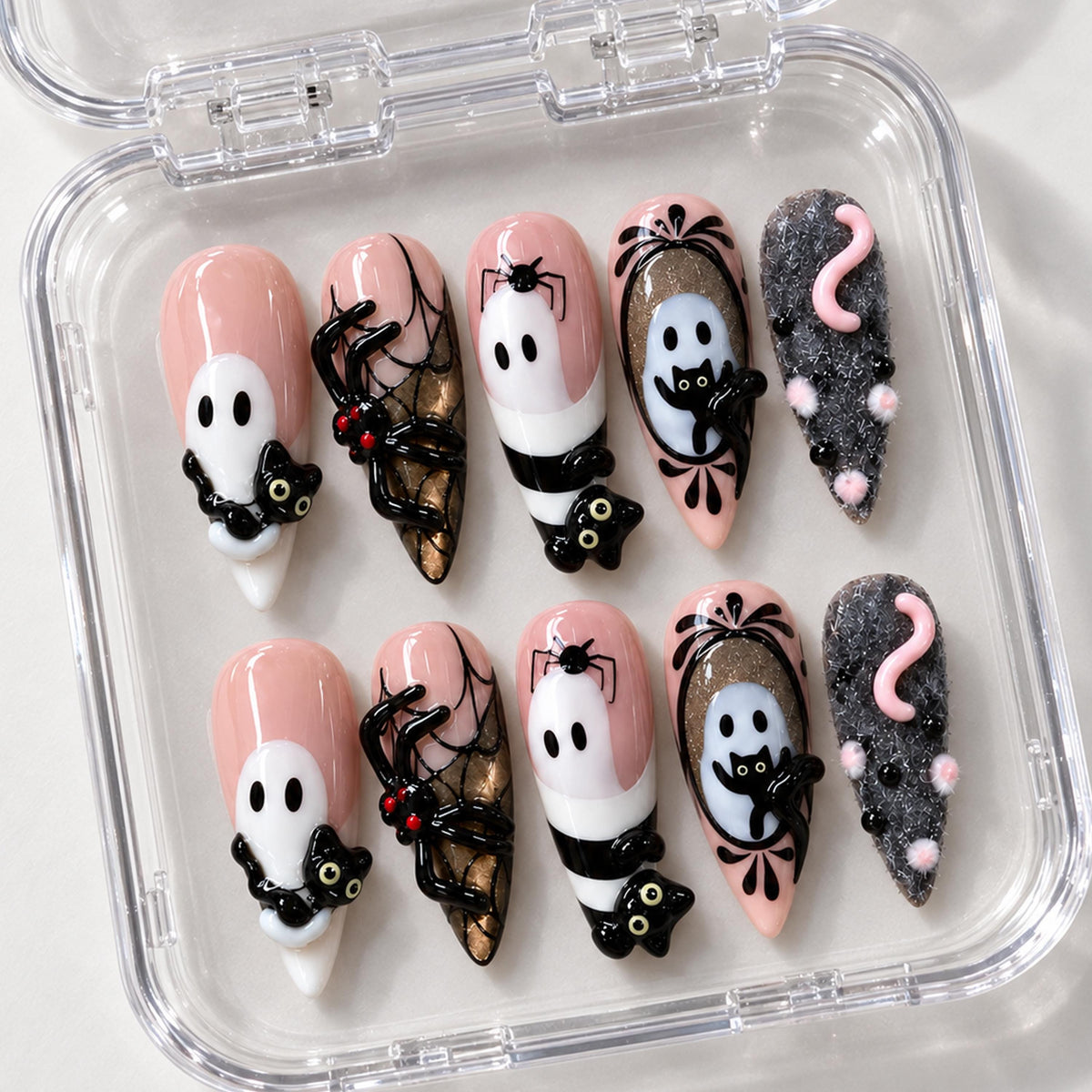 Cute Spooky Pink Ghost, Black Cat and Spider Halloween Nail Set