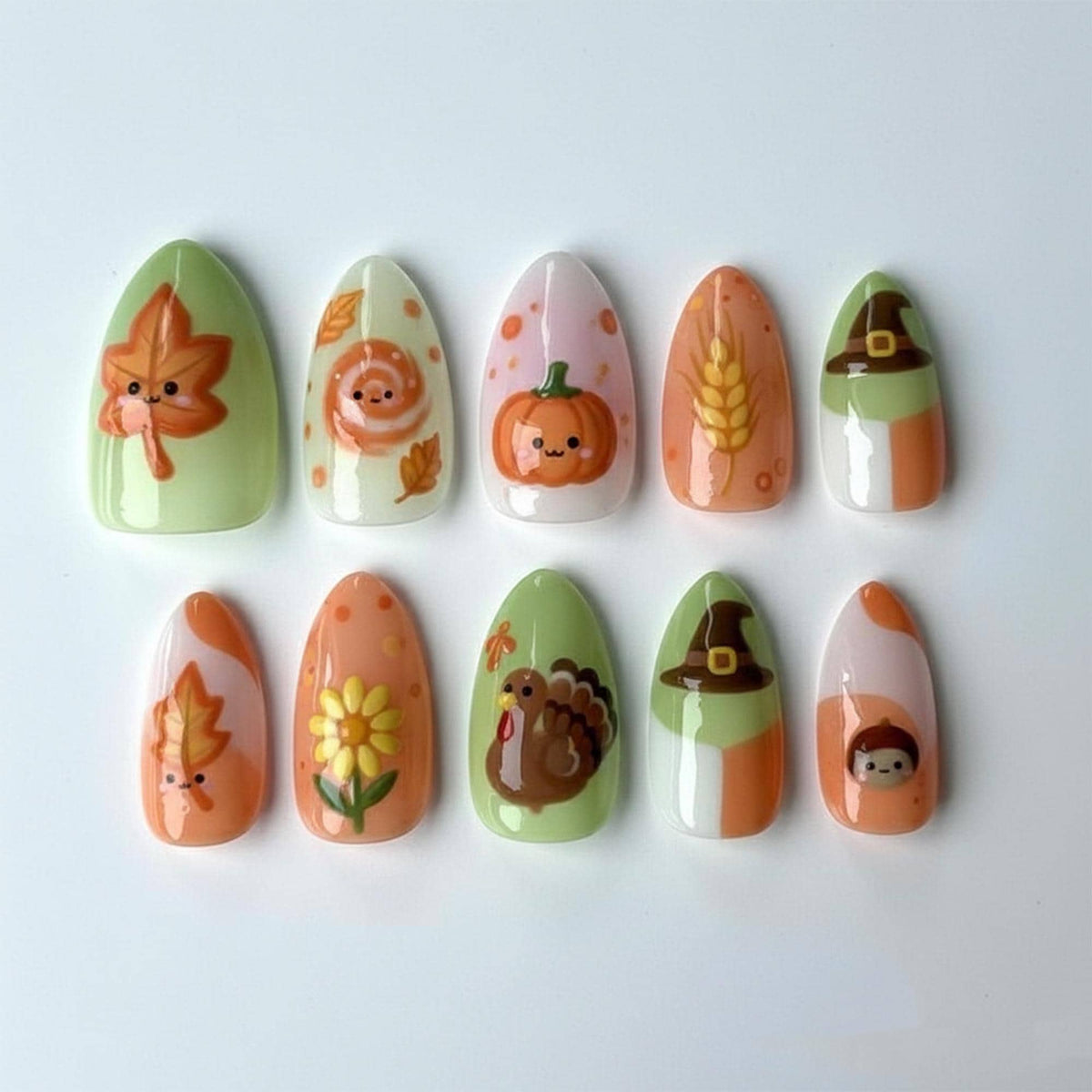 Cute Thanksgiving Press On Nails With Pumpkins, Turkey, Sunflower & Autumn Leaves