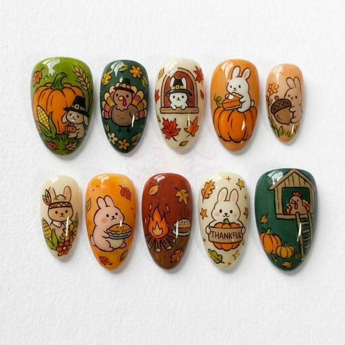Cute Thanksgiving Press On Nails With Turkey, Bunnies, Pumpkins, and Harvest Scenes