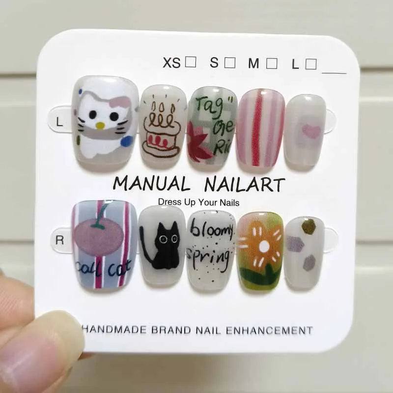 Cute White Cat and Birthday Cake Nail Set With Pastel Floral Art
