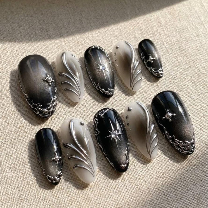 Cyber Y2K Gothic Black and Silver Cat Eye Press On Nails with Sculpted Starbursts