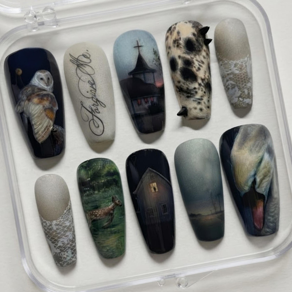 Dark Academia Gothic Woodland Press-On Nails With Owl, Deer, Cottage, and Twilight Art