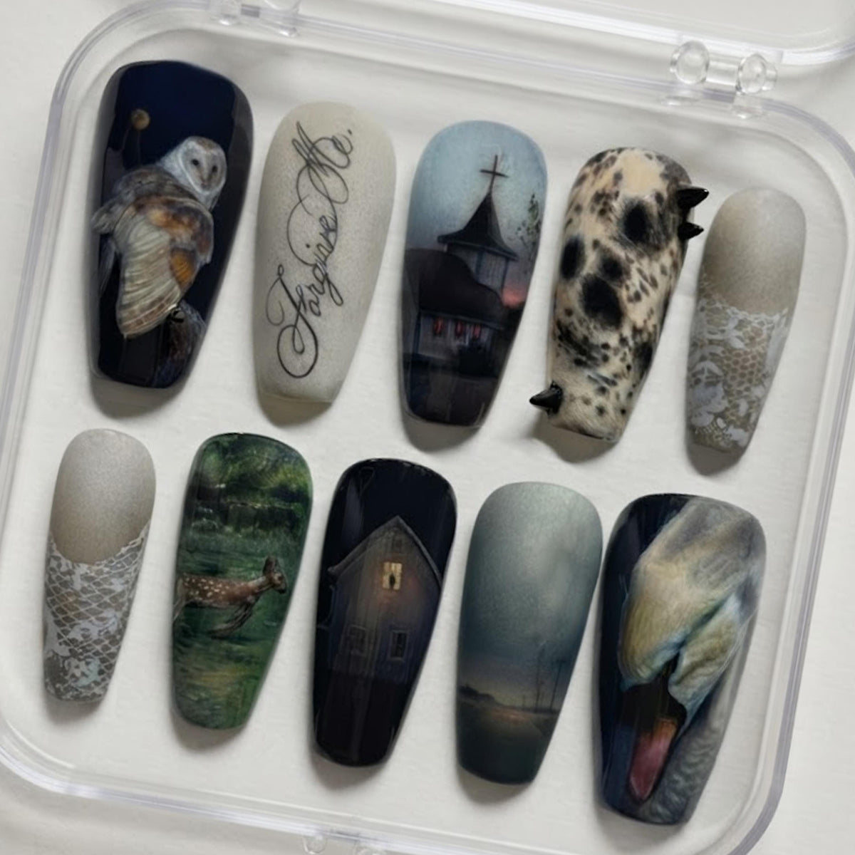 Dark Academia Gothic Woodland Press-On Nails With Owl, Deer, Cottage, and Twilight Art