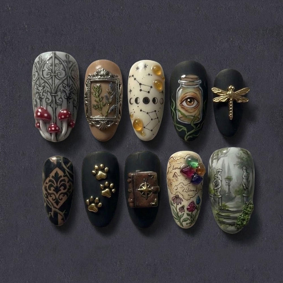 Dark Academia Nail Set With Mushrooms, Celestial Art, an Antique Book and Gold Accents