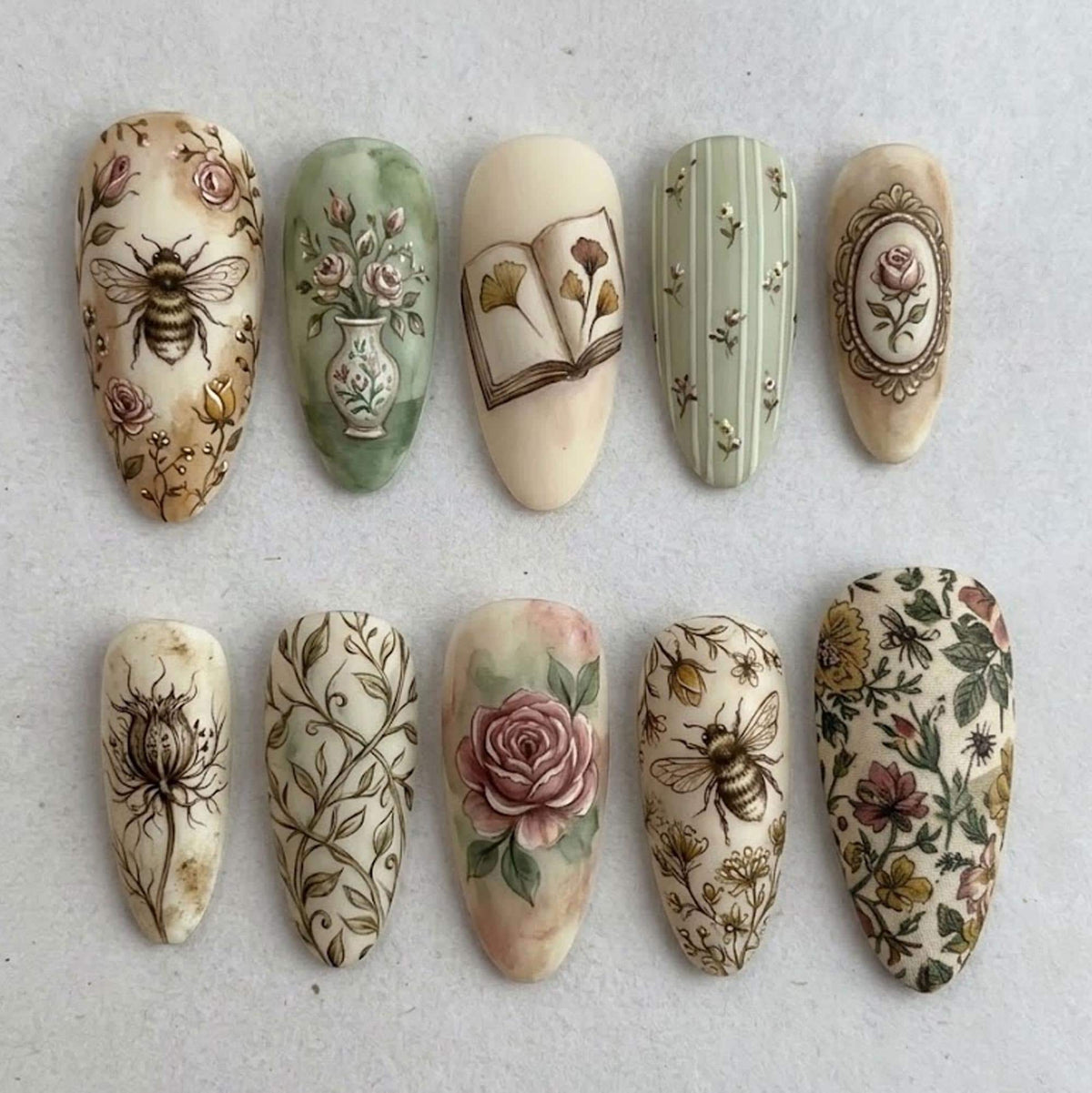 Dark Academia Vintage Botanical Bee, Rose & Open Book Nail Set in Sage Green and Cream