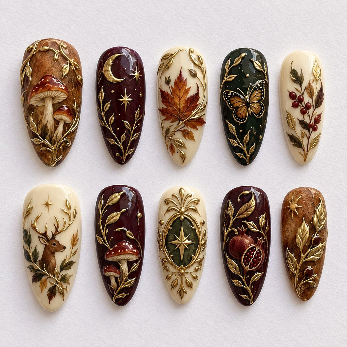 Dark Academia Woodland Press On Nails With Mushrooms, Deer, and Gold Scrollwork