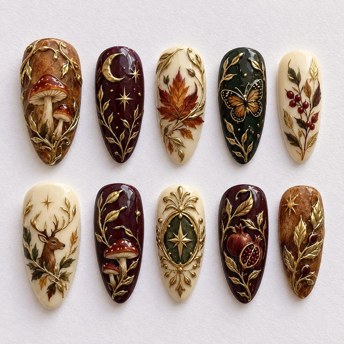 Dark Academia Woodland Press On Nails With Mushrooms, Deer, and Gold Scrollwork