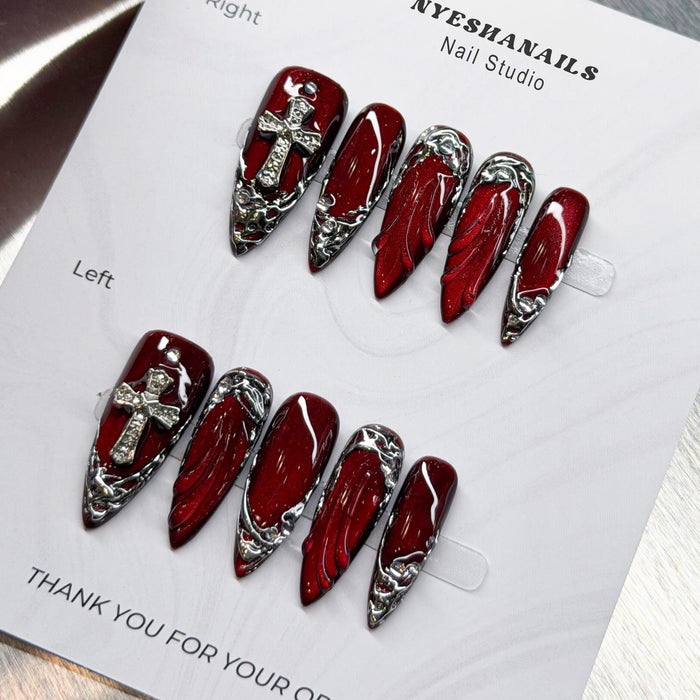 Dark Angel Glossy Deep Red Press On Nails With Silver Cross Charms and Chrome Baroque Details