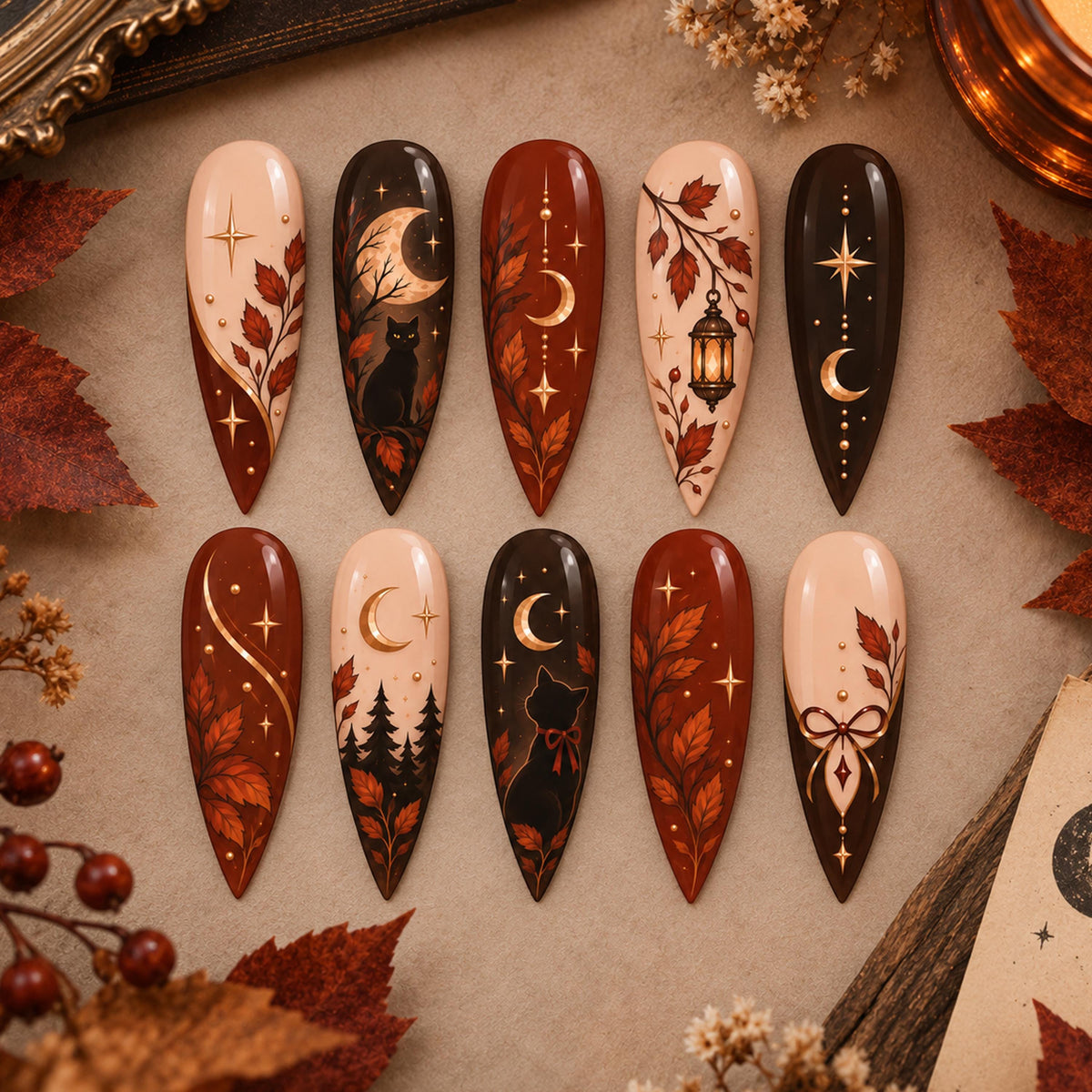 Dark Autumn Cat and Crescent Moon Press-On Nail Set