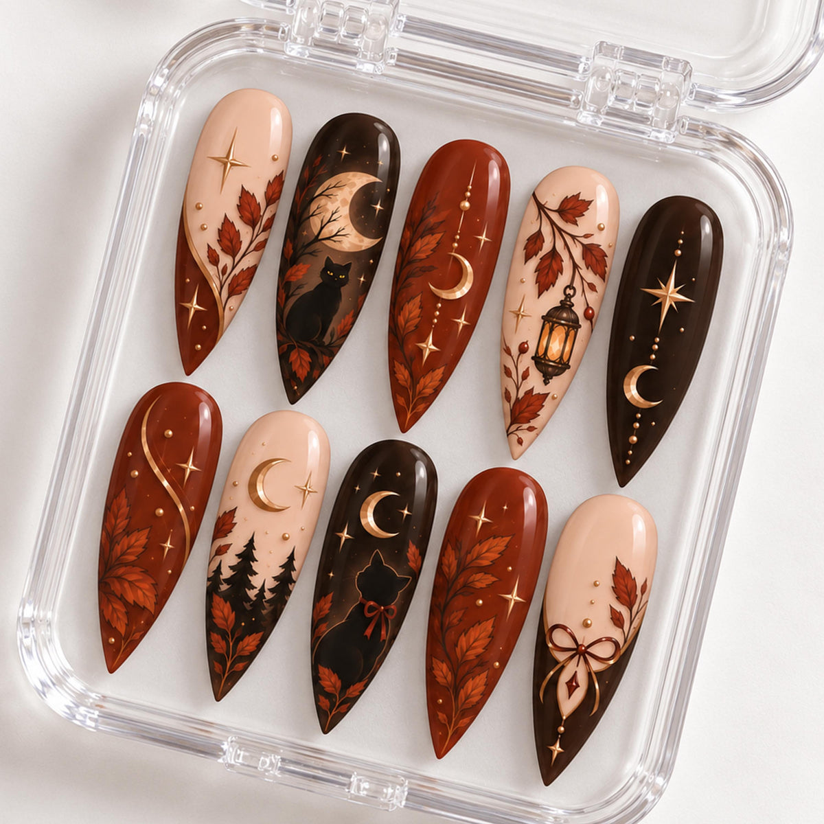 Dark Autumn Cat and Crescent Moon Press-On Nail Set