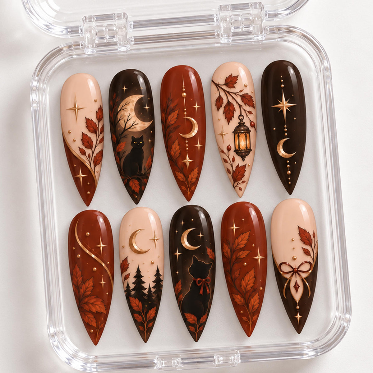 Dark Autumn Cat and Crescent Moon Press-On Nail Set