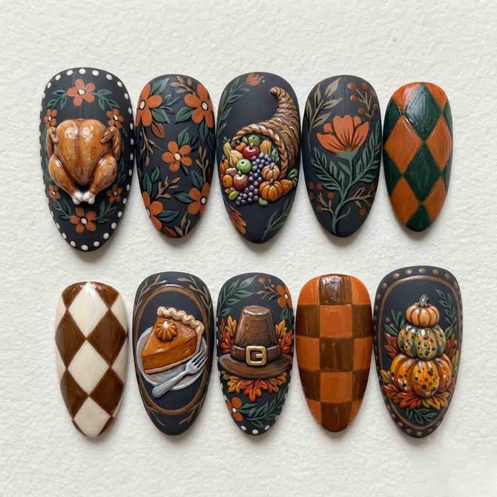 Dark Autumn Thanksgiving Press On Nails with Turkey, Pumpkin Pie and Harvest Motifs