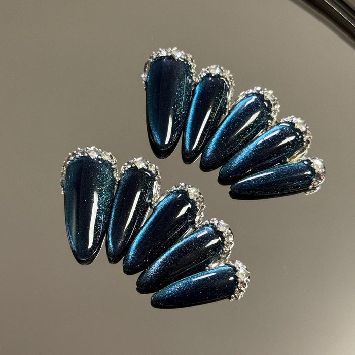 Dark Blue Cat Eye Glitter Press On Nails with Silver Rhinestone Edging