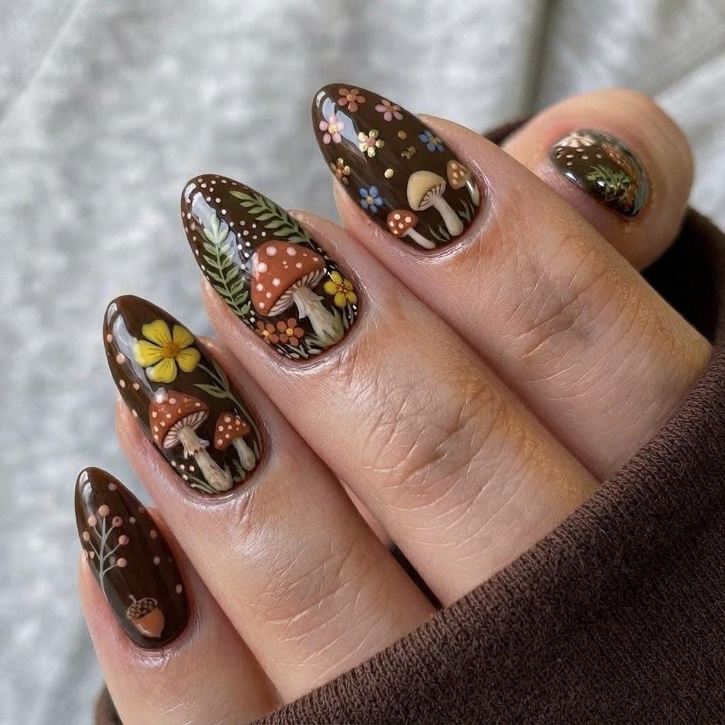 Dark Brown Woodland Mushroom and Floral Fall Press On Nails