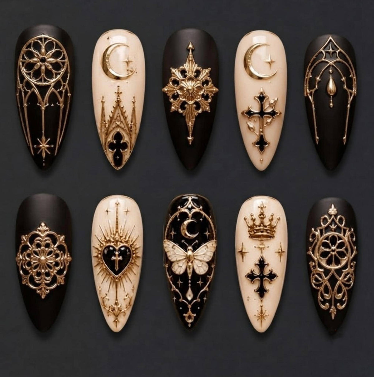 Dark Cathedral Gothic Nails With Gold Filigree, Crosses, Moons and Moth