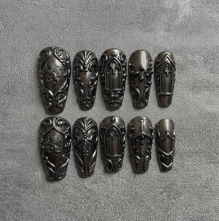 Dark Chrome Gothic Lion Crest and Cathedral Armor Press On Nail Set