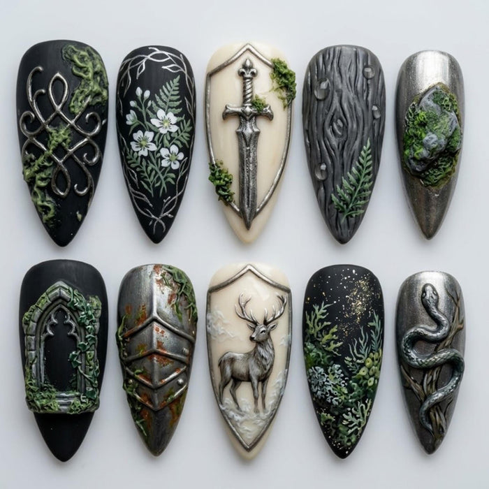 Dark Fantasy Medieval Press On Nails With Silver Sword, Stag & Forest Details