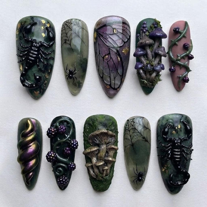 Dark Forest 3D Scorpion, Mushroom, Blackberry and Spiderweb Press On Nail Set