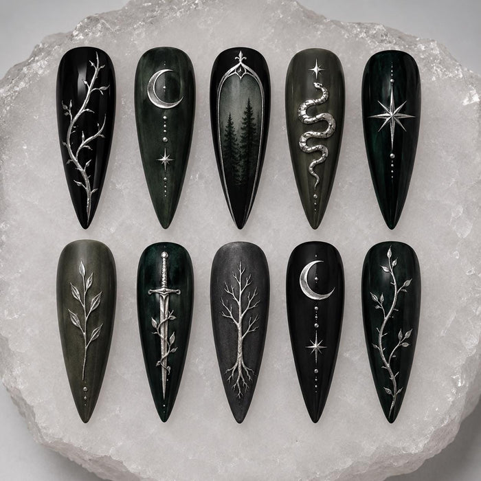 Dark Forest Gothic Press On Nails With Silver Snakes, Swords, Trees, and Moons