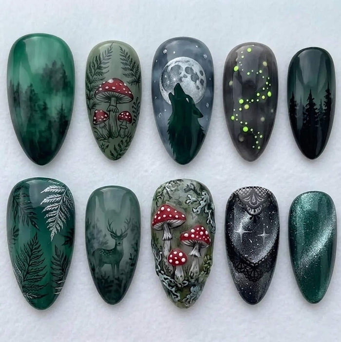 Dark Forest Press On Nail Set With Mushrooms, Wolf, Deer and Moon Art