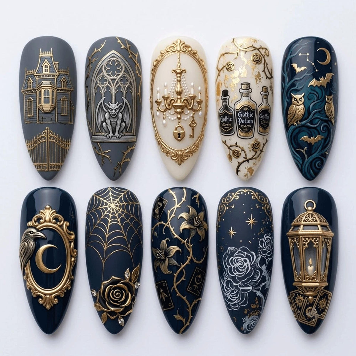 Dark Gothic Nails With Gold Chandelier, Haunted House, Gargoyle and Witchy Art