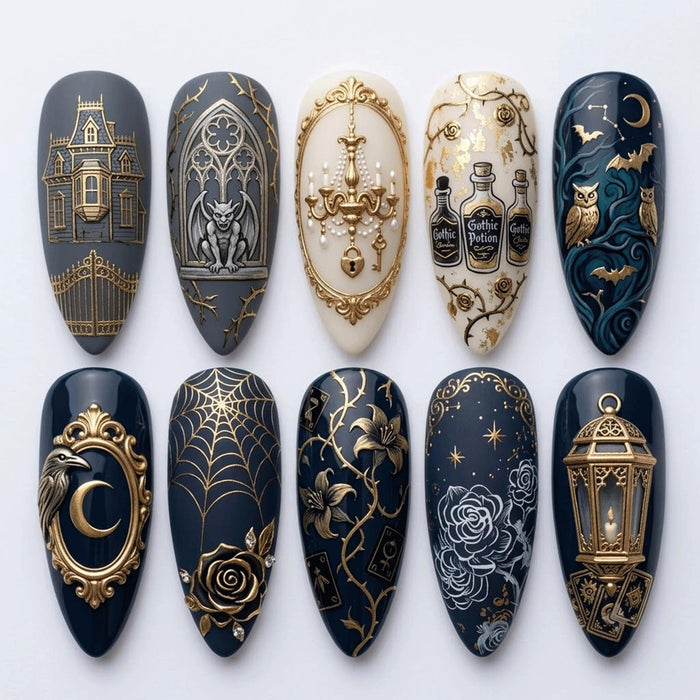 Dark Gothic Press On Nails With Gold Chandelier, Haunted House, Gargoyle and Witchy Art