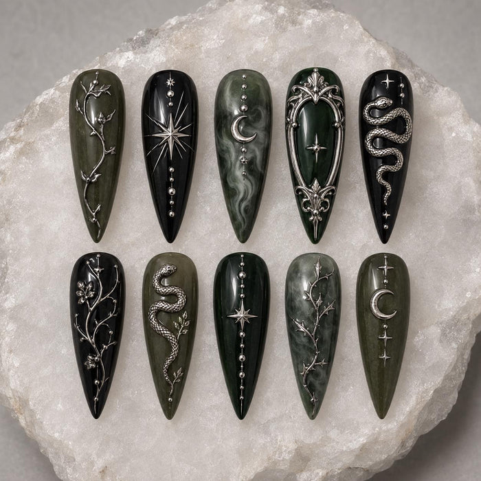 Dark Green and Black Celestial Snake Press-On Nail Set with Silver Vines
