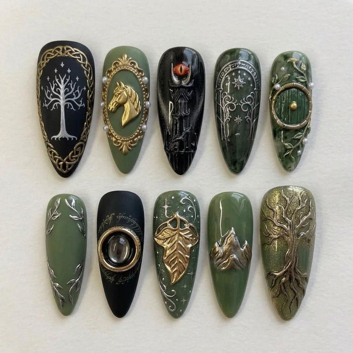Dark Green and Black Enchanted Forest Press On Nails with Celtic Trees and Ornate Metallic Details