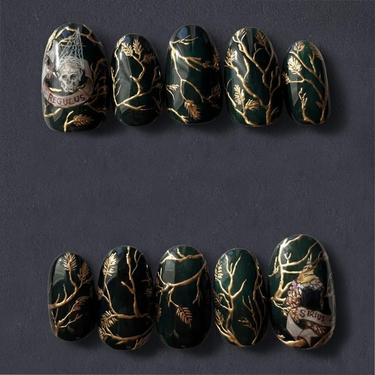Dark Green and Gold Family Tree Press-On Nail Set with Regulus and Sirius Banners