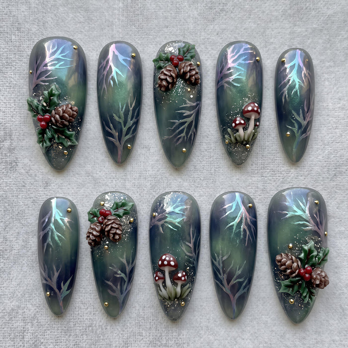Dark Green Cat Eye Press On Nails With 3D Pinecones, Holly, Mushrooms, and Winter Branches