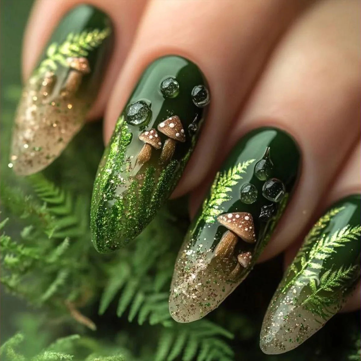 Dark Green Fern Press On Nails with Mushroom Details and Gold-Green Glitter