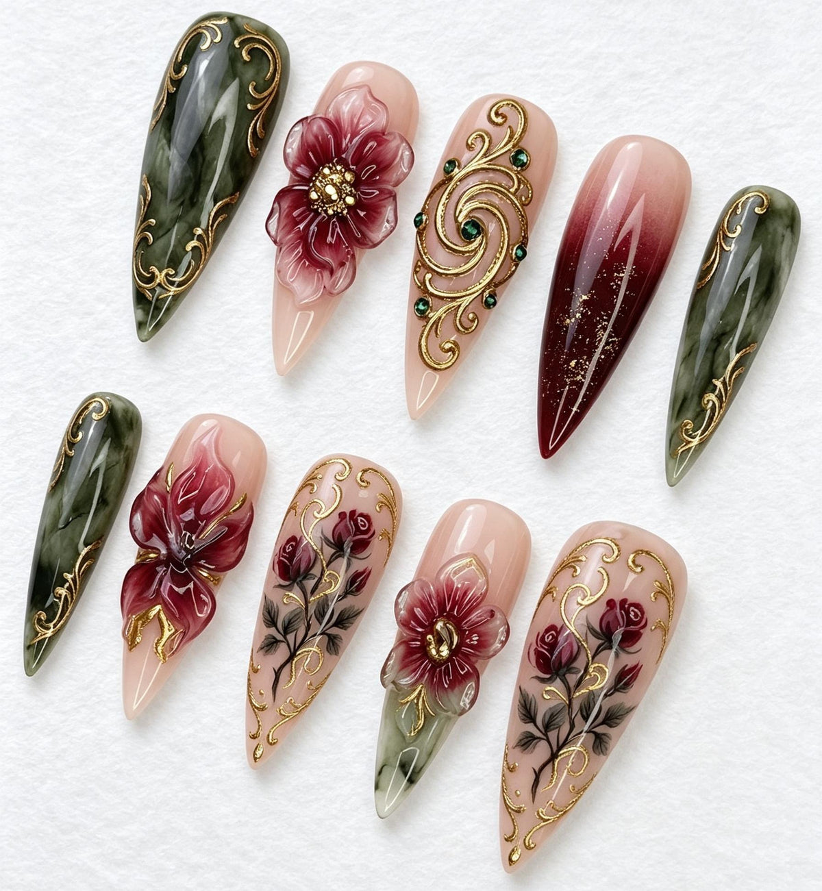 Dark Green Marble and Burgundy Floral Gold Filigree Nail Set