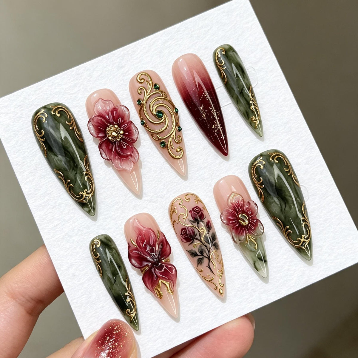 Dark Green Marble and Burgundy Floral Gold Filigree Nail Set