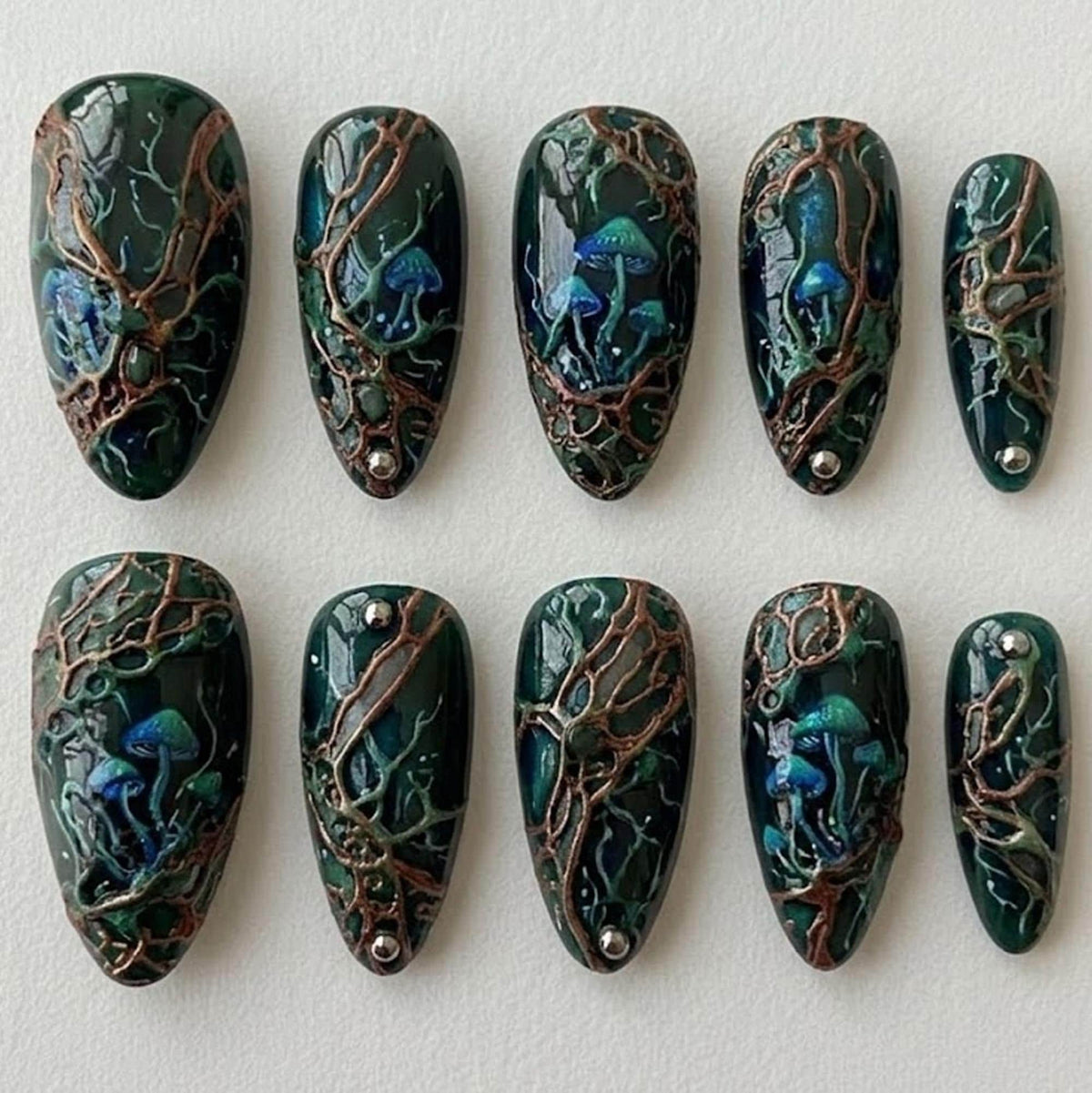 Dark Green Mushroom Press-On Nails with Raised Copper Woodland Details