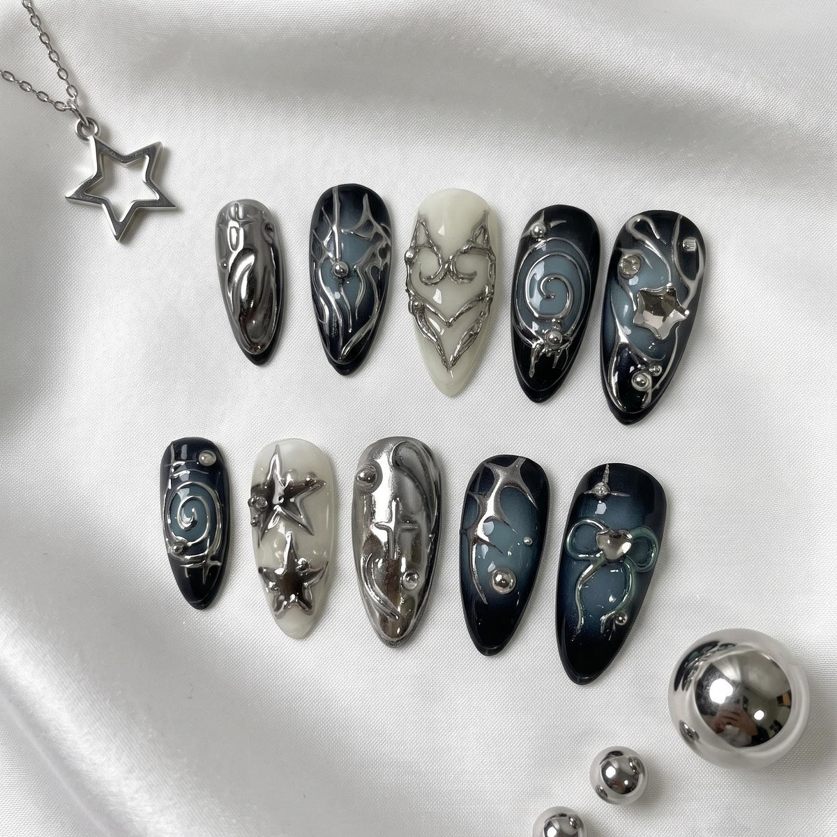 Dark Navy and Silver Chrome Star Swirl Press-On Nail Set
