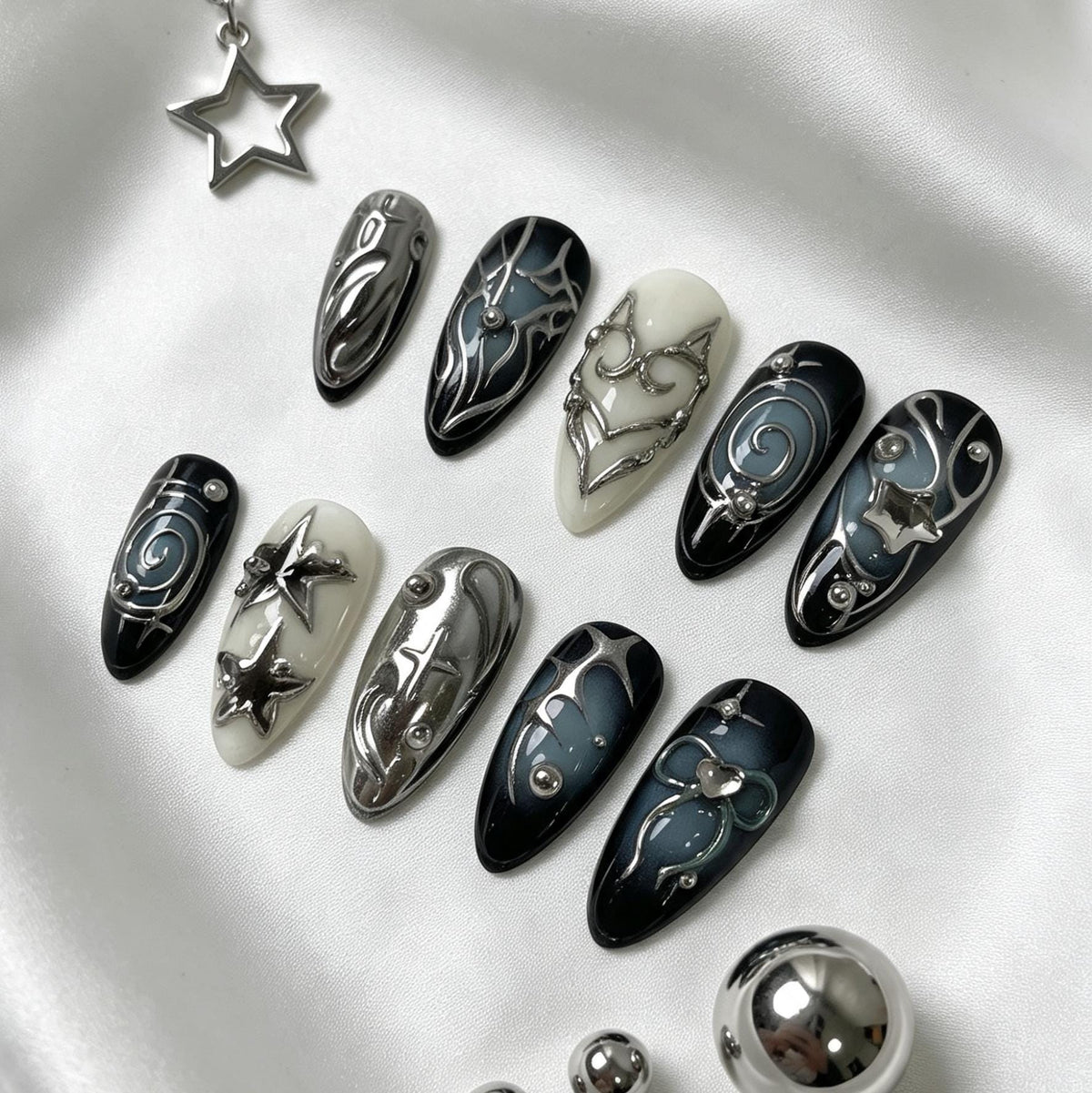 Dark Navy and Silver Chrome Star Swirl Press-On Nail Set