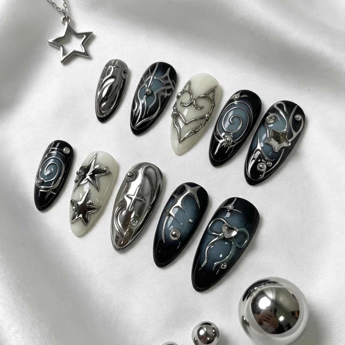 Dark Navy and Silver Chrome Star Swirl Press-On Nail Set