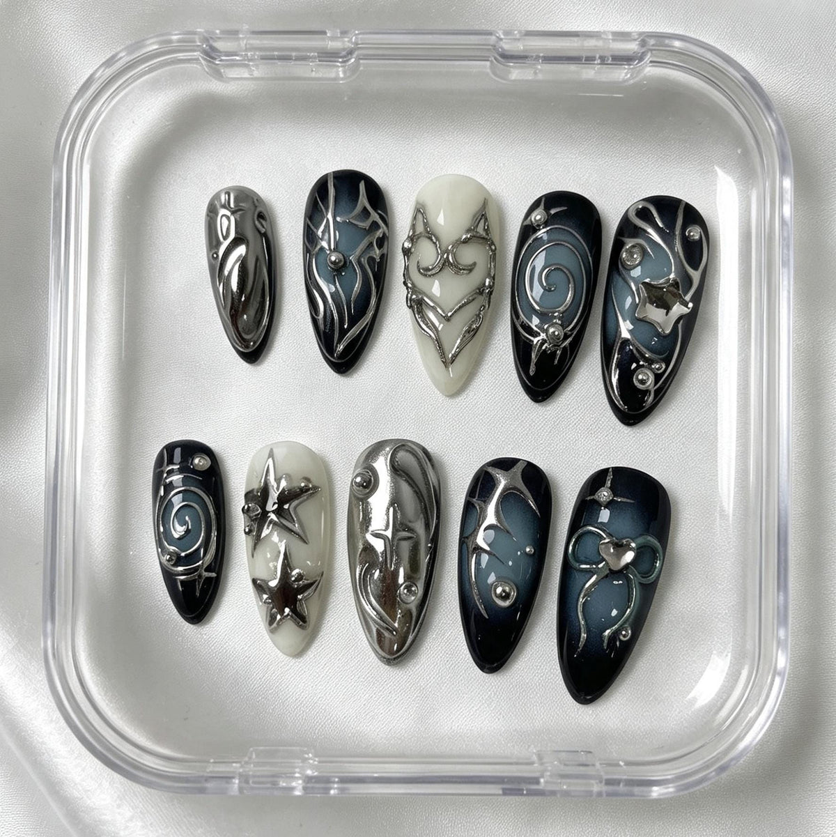 Dark Navy and Silver Chrome Star Swirl Press-On Nail Set