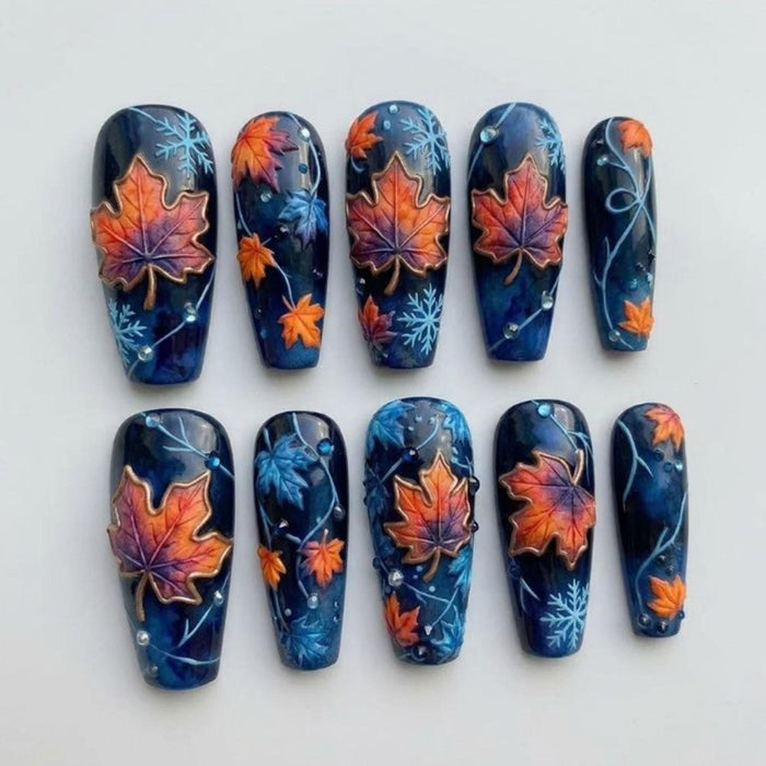 Dark Navy Autumn Leaf and Snowflake Press-On Nails With Silver Vines