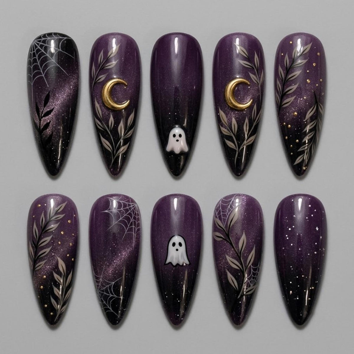 Dark Plum Celestial Ghost and Moon Press-On Nails with Magnetic Shimmer