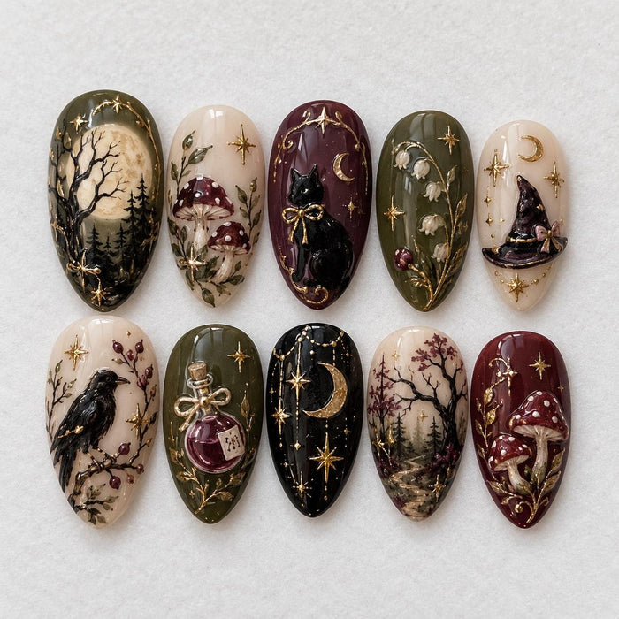 Dark Woodland Press On Nails With Mushrooms, Black Cat, Crow, Moon and Gold Stars