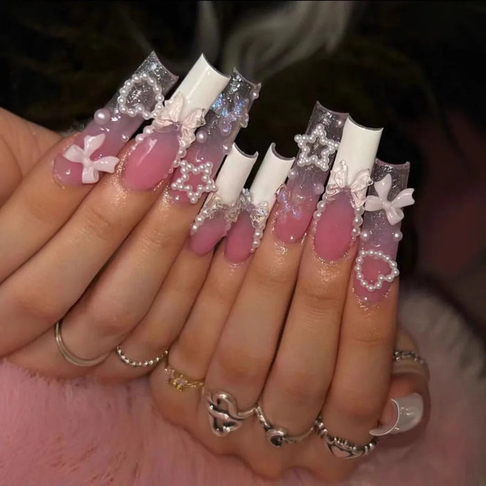 Decorative French Tip Press On Nails with Pearl Bows, Stars, Flowers and Hearts