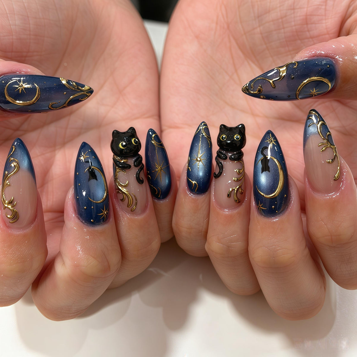 Deep Blue Celestial Cat Nail Set With Gold Moons and Stars