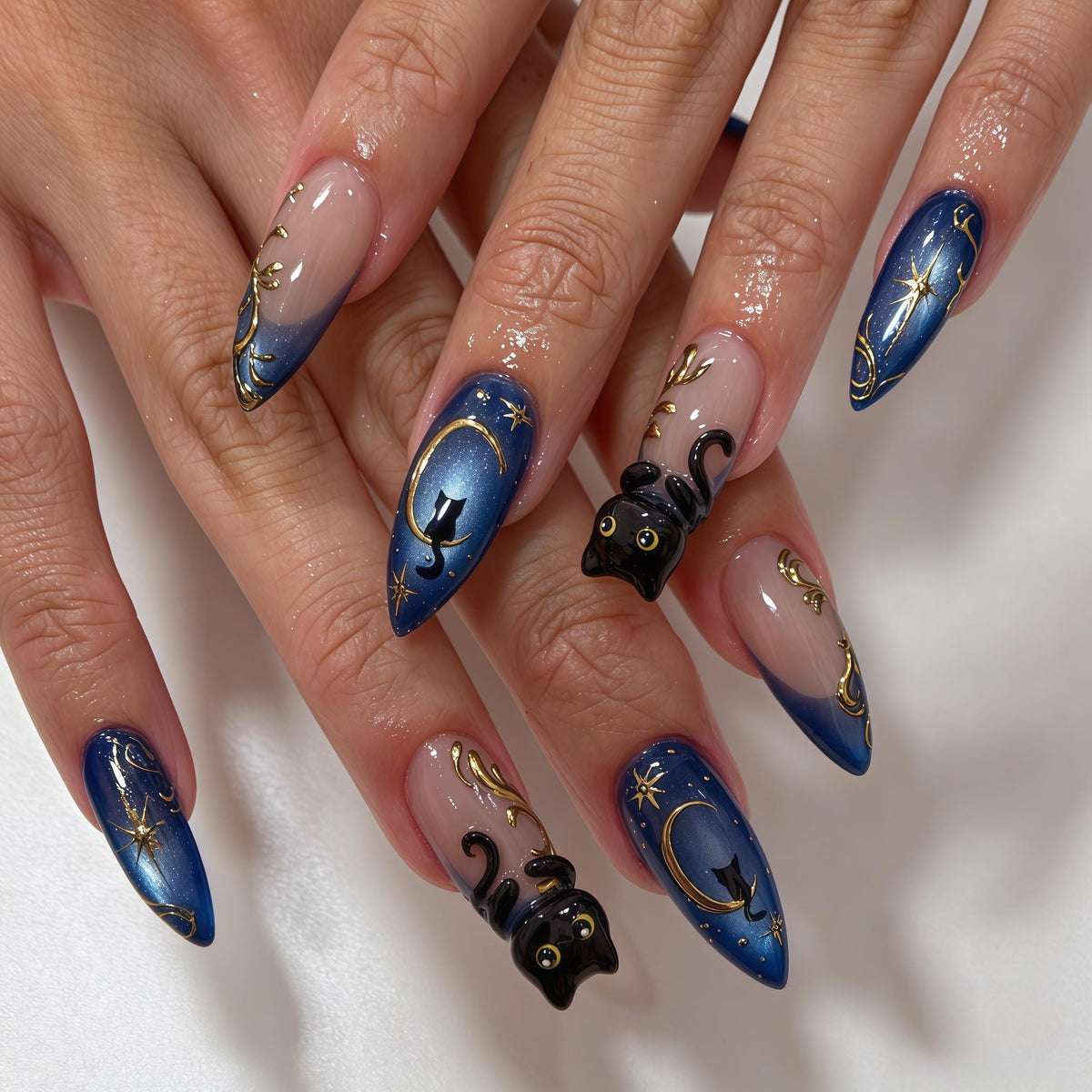 Deep Blue Celestial Cat Nail Set With Gold Moons and Stars